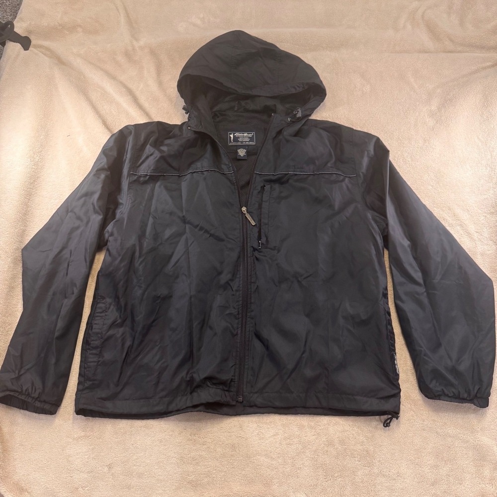 Vintage Eddie Bauer Black Hooded Windbreaker 90's Jacket Coat Outdoor Sz XL Tall - Picture 2 of 13
